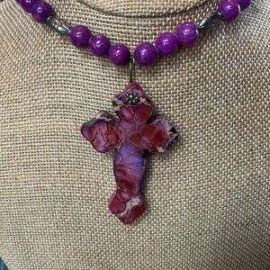 Purple ( dyed agate)  cross with stone beads accent & silver and magnetic beads